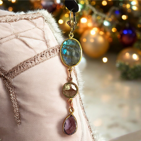 Gold Tone Multicolor Graduated Crystal Drop Earrings - Picture 7 of 7